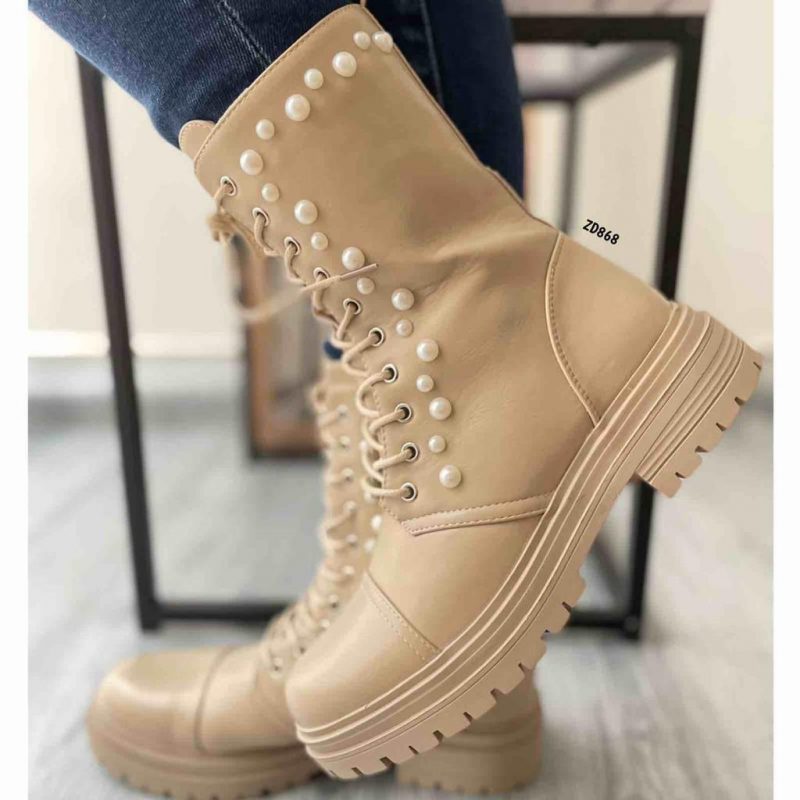 Botín beige acordonado apliques perlas suela 4cm C43-5708