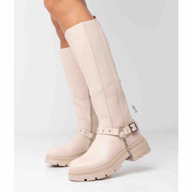 Bota caña media beige resorte lateral cadena plateada C4-MS 1020