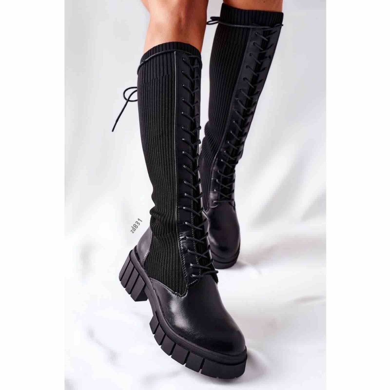 Bota caña alta negra tipo media acordonada suela 5cm C1-2G8X20782-16