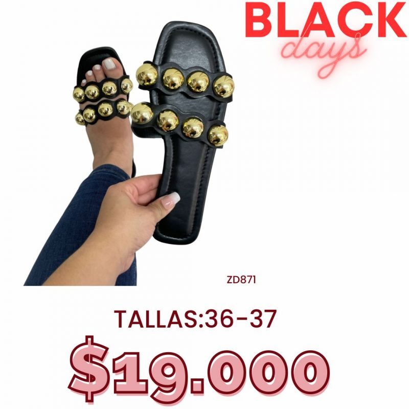Sandalias negras dos correas apliques dorados C44-AG-630