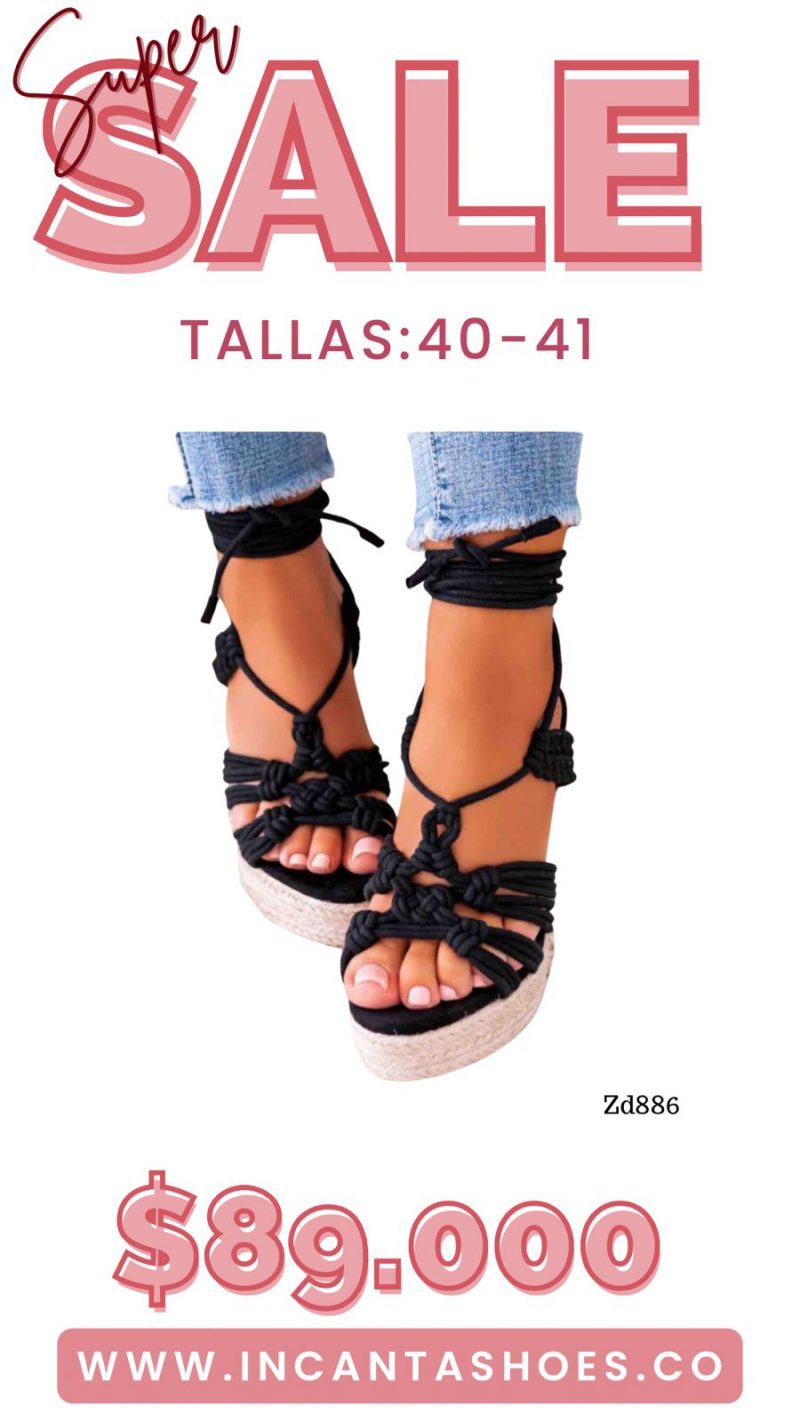 Sandalia negra suela yute correas trenzadas acordonada tacón 12cm C30-2571