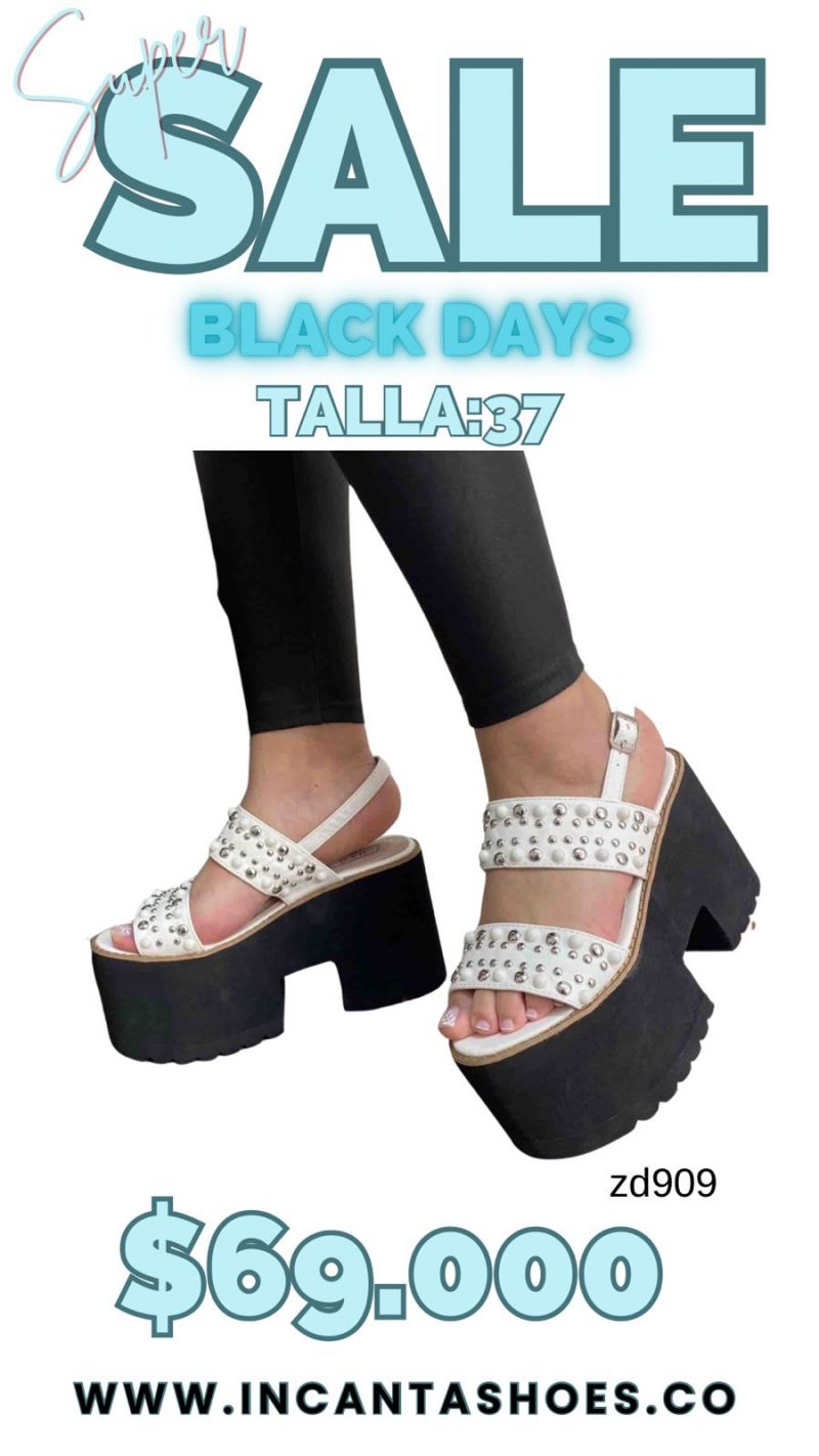 Sandalia blanca dos correas taches plateados tacón 10cm plataforma 8cm C29-XQ-62