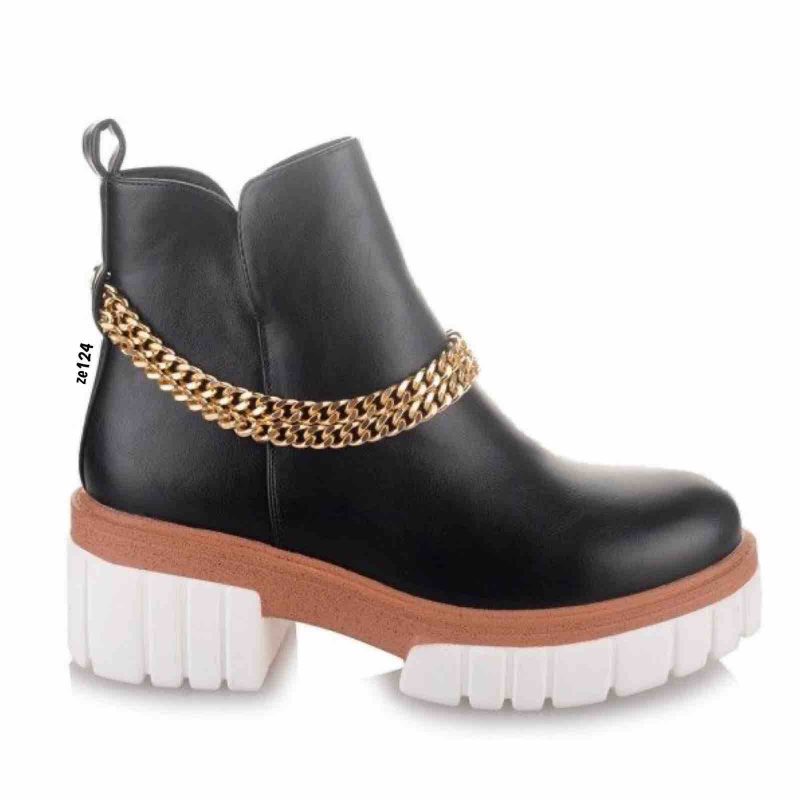Botín negro franja camel suela blanca cadenas doradas tacón 6cm C103-HJ239 - Image 2