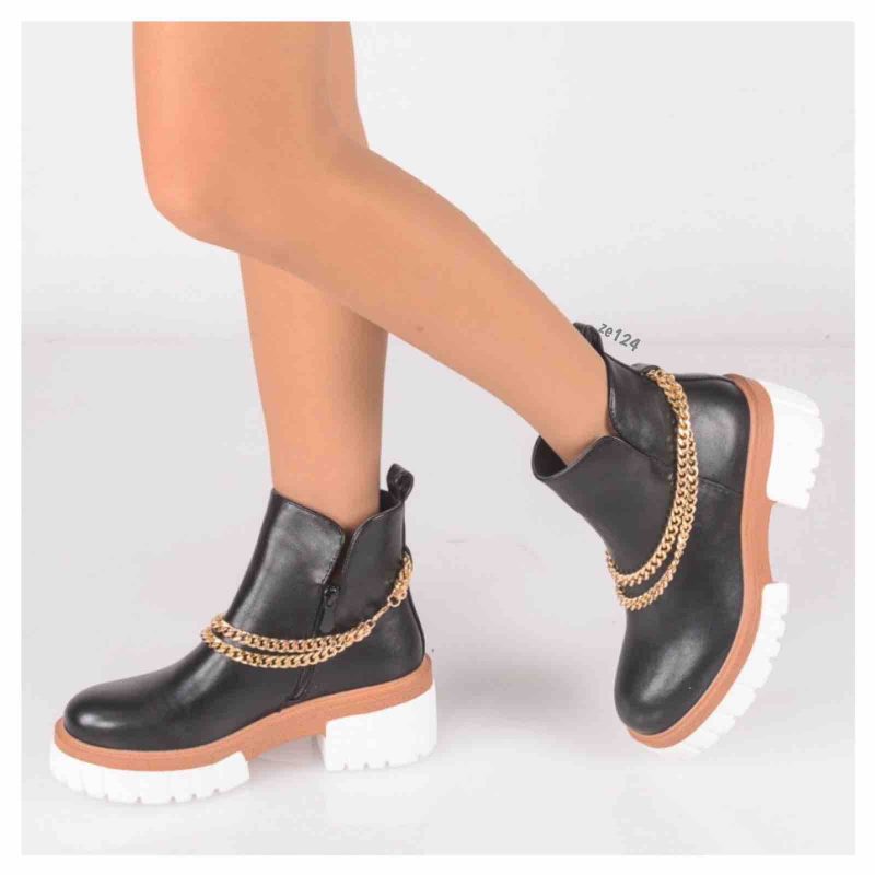 Botín negro franja camel suela blanca cadenas doradas tacón 6cm C103-HJ239