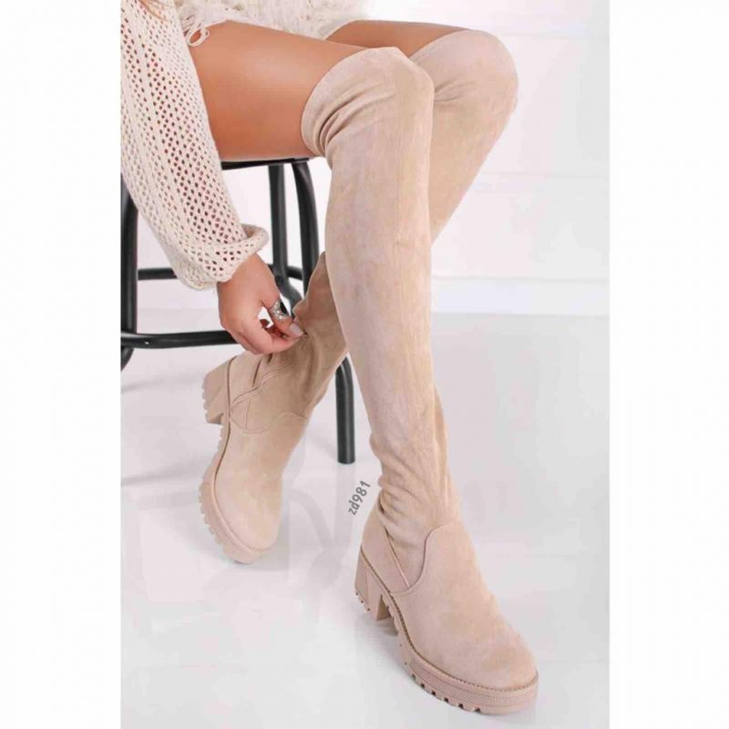 Bota caña alta beige gamuza cierre lateral tacón 5cm C64-RXJ36