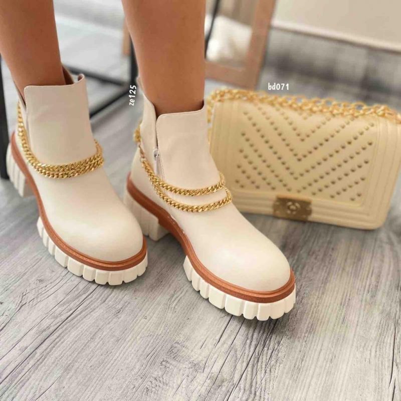 Botín blanco franja camel cadenas doradas tacón 6cm C103-HJ239
