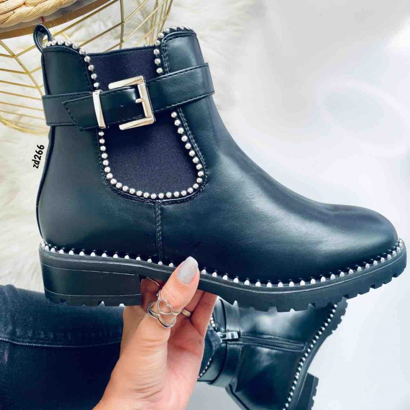 Botin Compra 116 888-7 Negro resorte lateral una correa apliques plateados cierre lateral tacon 3Cm