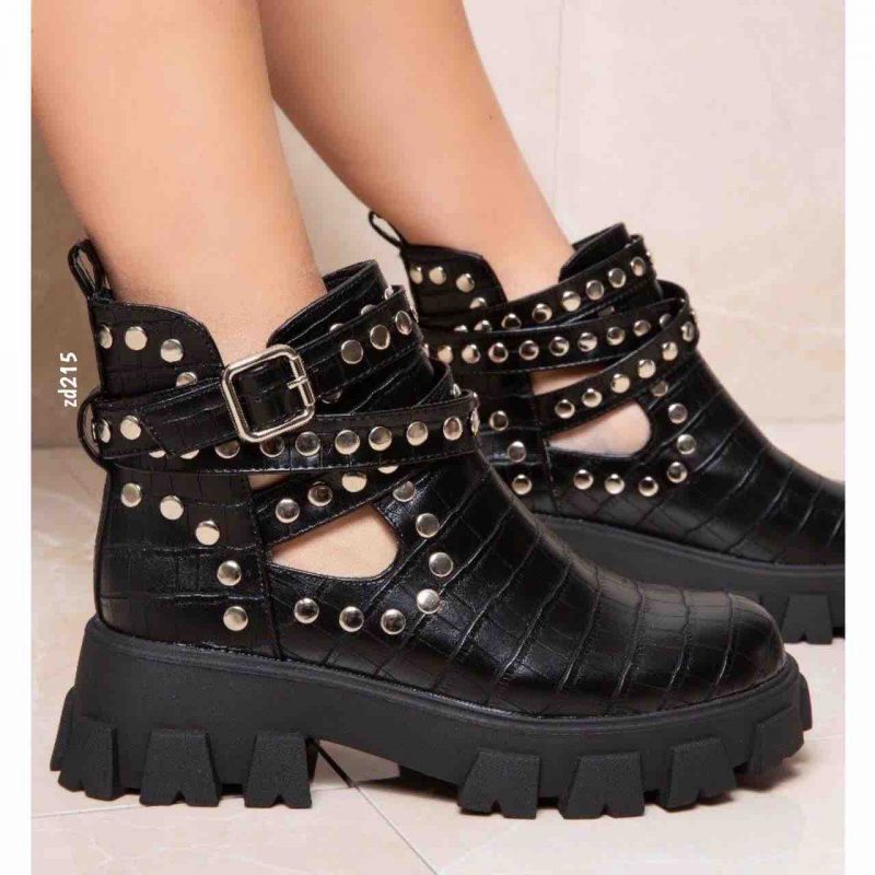 Botin Compra 94 168-300 Negro Croc apliques plateados tres correas tacon 5Cm