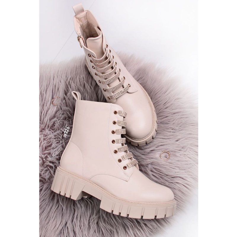botin beige apliques dorados cierre  lateral 4cm Qh806
