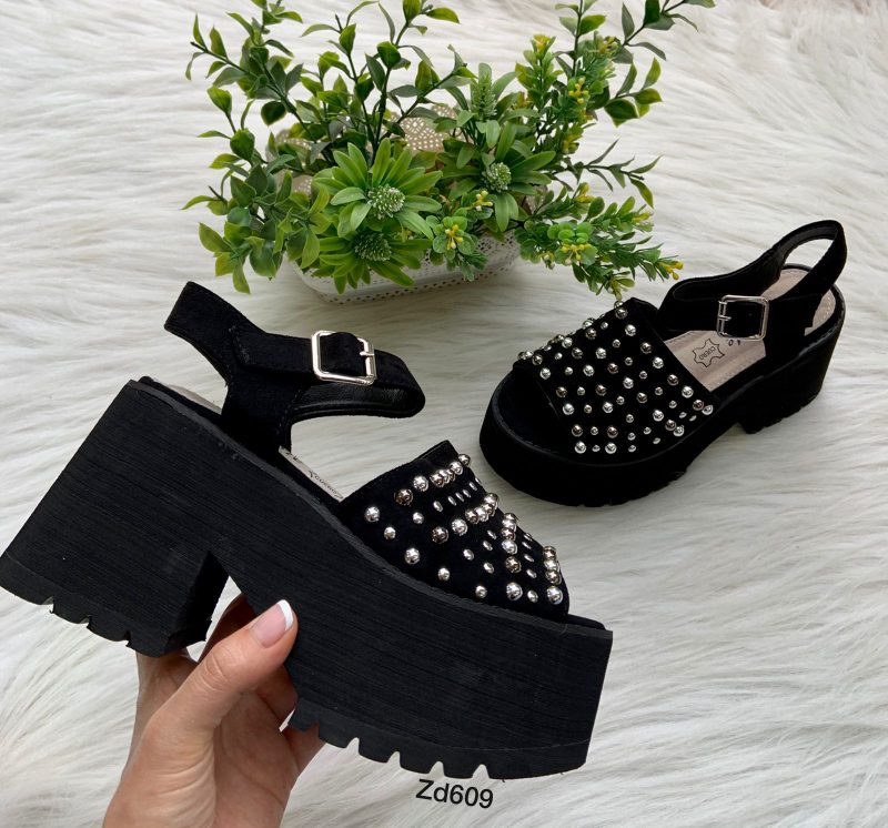 Sandalia Compra 69 A510 Negra parte gamuza apliques plateado plataforma 5Cm tacon 8Cm