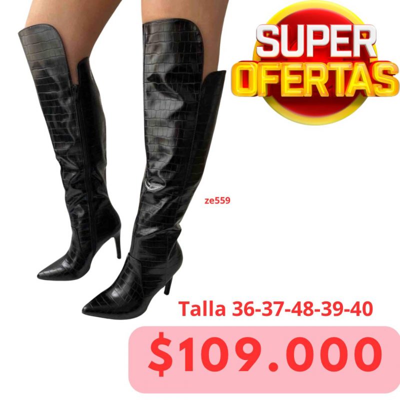 Bota negra caña larga textura tacon 9cm  SV-S1X1128-21