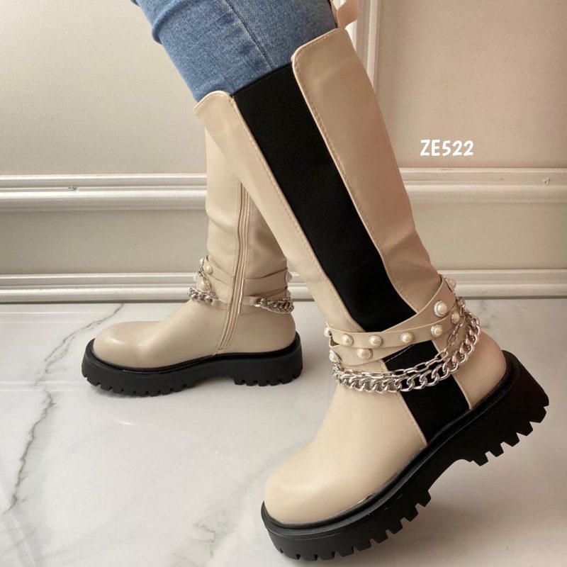 Bota beige apliques suela 3cm   C-187