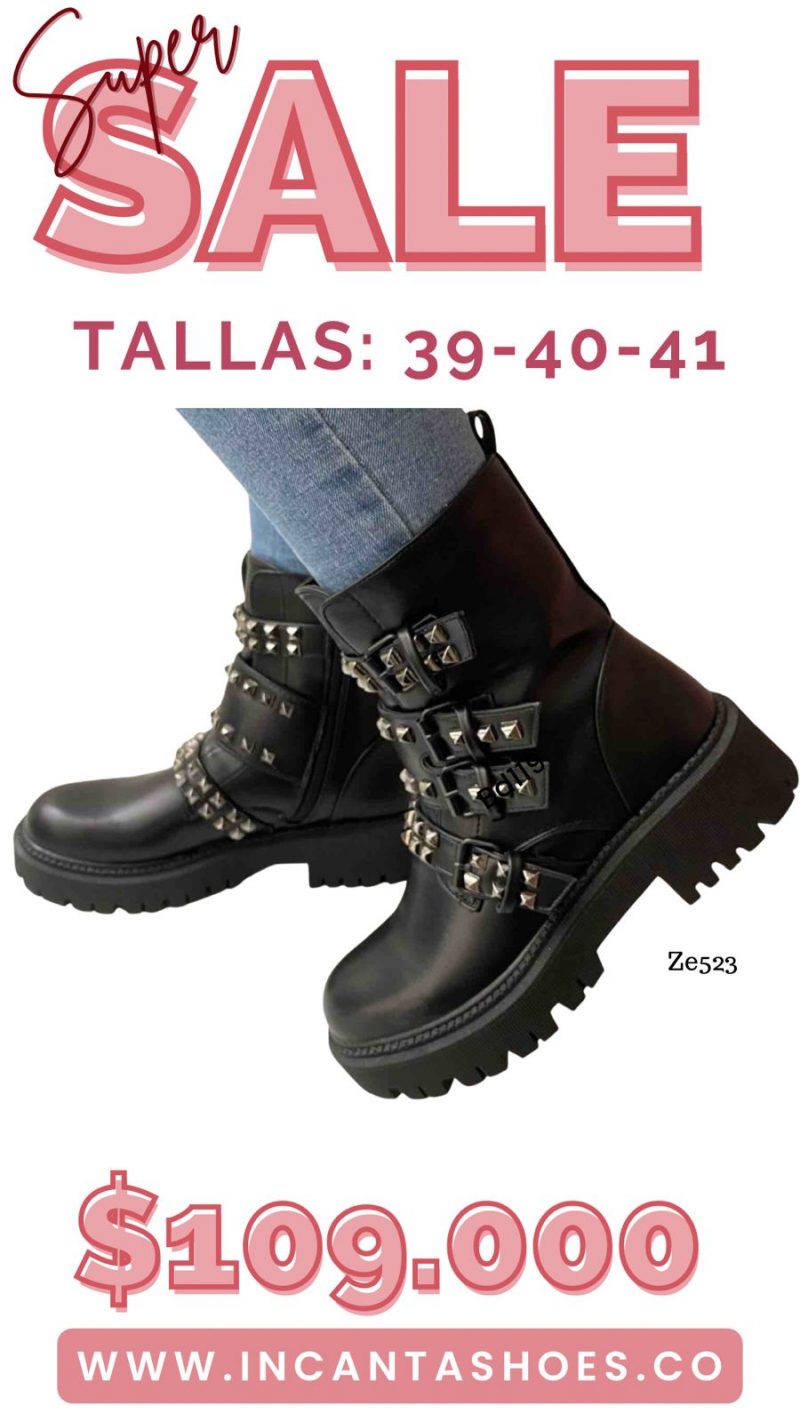 Botin negro apliques correas suela 3cm  D7786