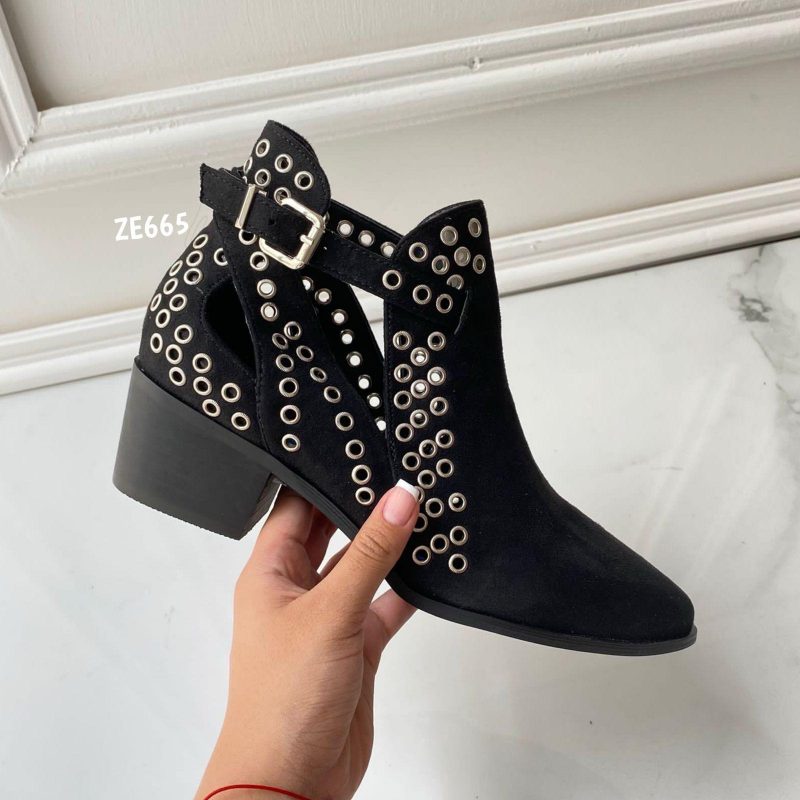 Botin negro apliques  tacon 4cm  B-527