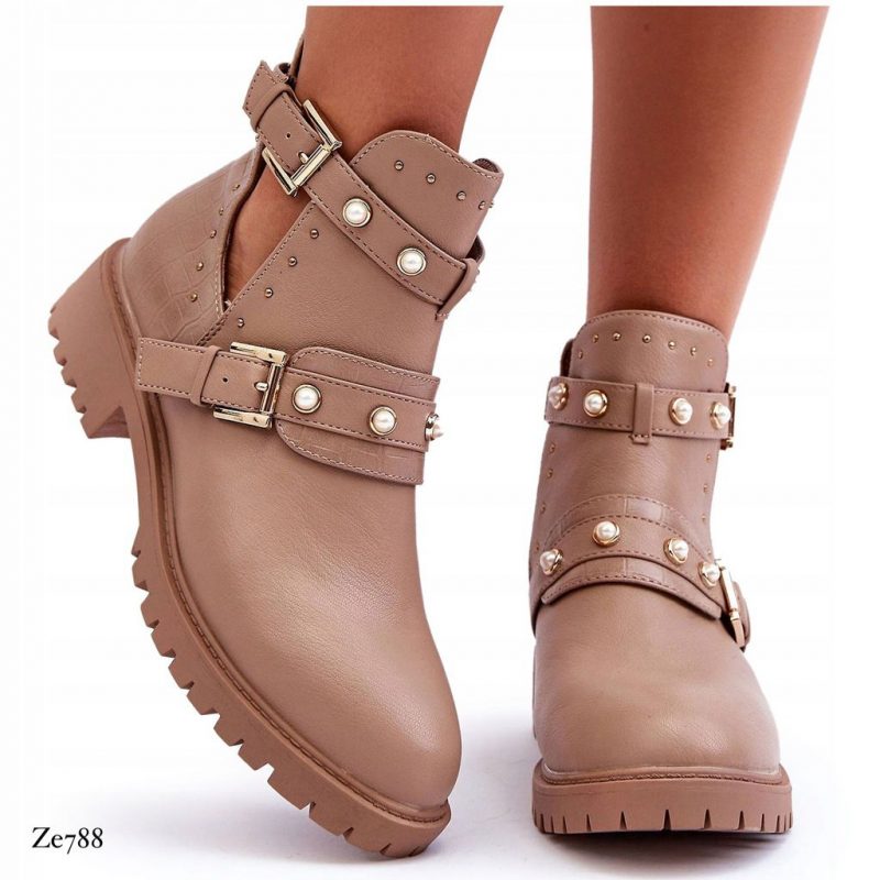 Botin beige aplique correas suela 3cm   M327  C20