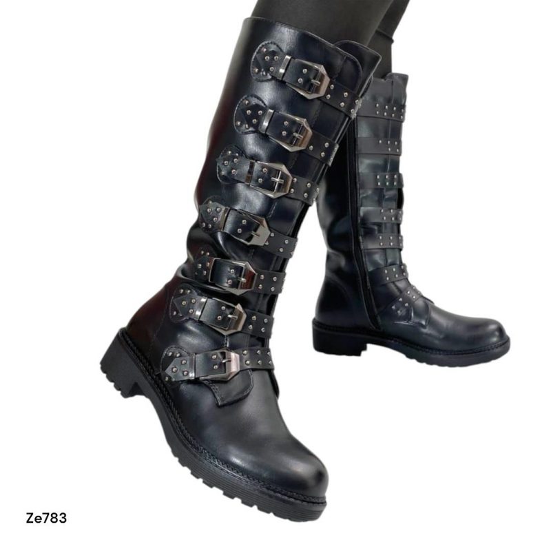 Bota caña alta negra correas suela 3cm   CZ869   C12