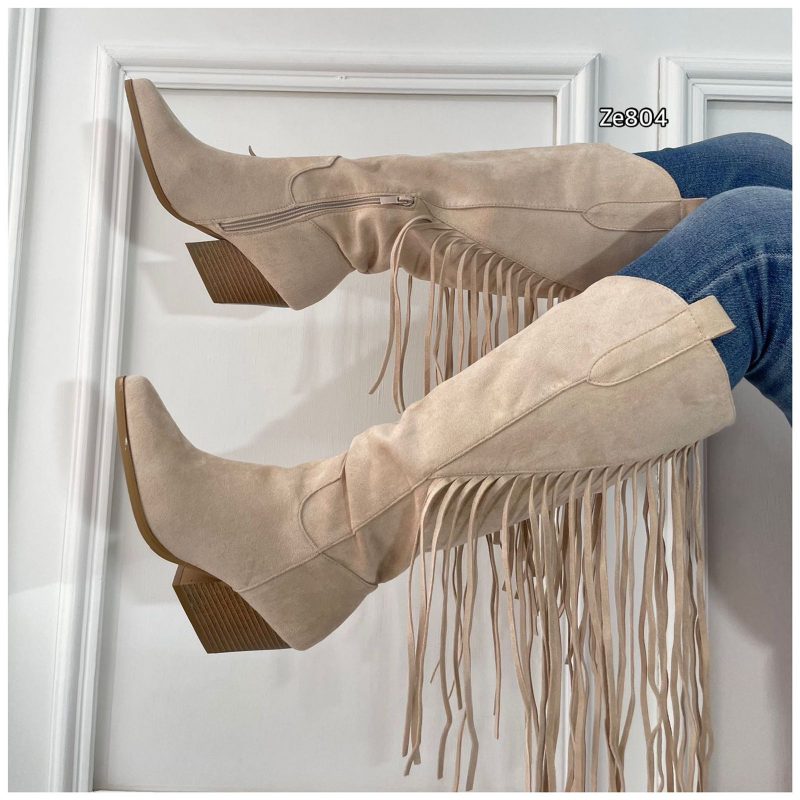 Bota texana caña alta beige flecos tacon 6cm  8581A  C2 - Image 2