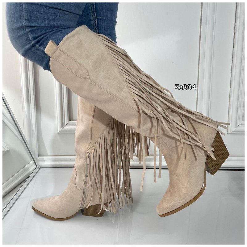 Bota texana caña alta beige flecos tacon 6cm  8581A  C2