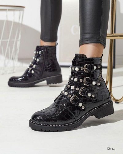 Botin negro aplique perlas textura suela 3cm  FR363   C10