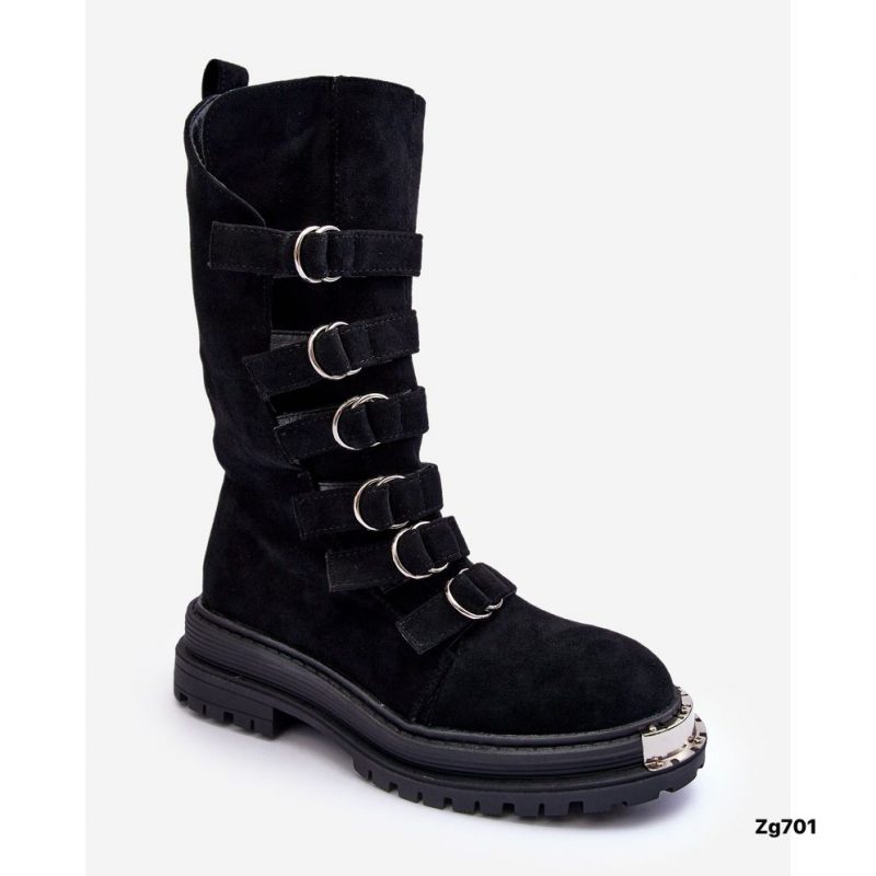 Bota negro detalle plateado en punta hebillas correas suela 5cm  NC1307  C-77