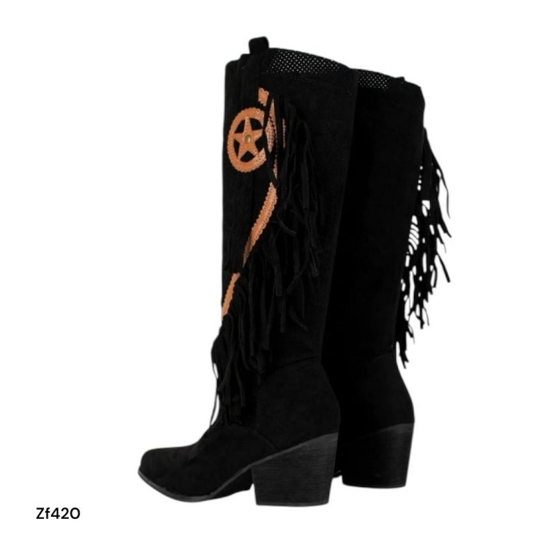 Bota caña alta texana negro flecos tacon 6cm   YZ19-236   C14 - Image 2