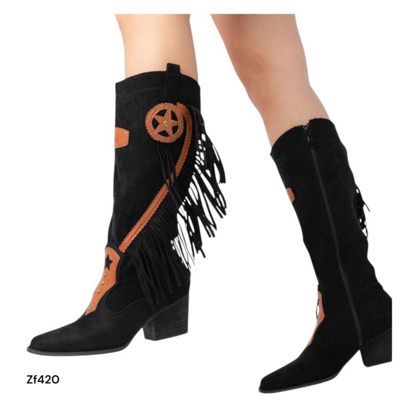 Bota caña alta texana negro flecos tacon 6cm   YZ19-236   C14 - Image 4