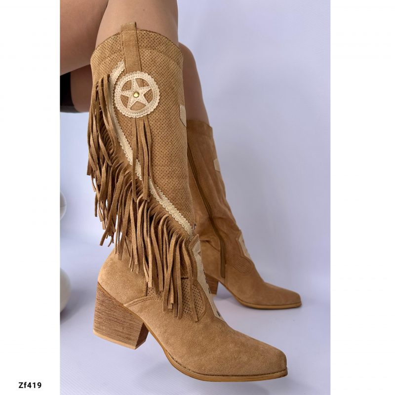 Bota caña alta texana café flecos tacon 6cm   YZ19-236   C14