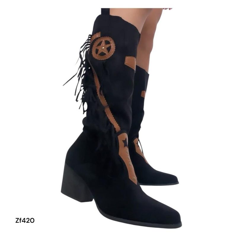 Bota caña alta texana negro flecos tacon 6cm   YZ19-236   C14 - Image 3