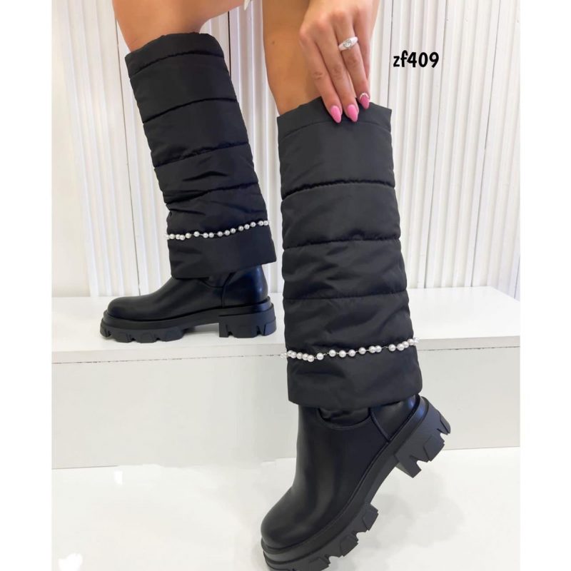 Bota caña alta negra aplique perlas suela 4cm  C-284   C7