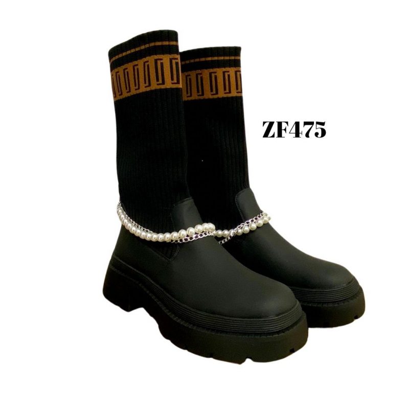 Botin negro cadena perlas suela 4cm  K6060  C3