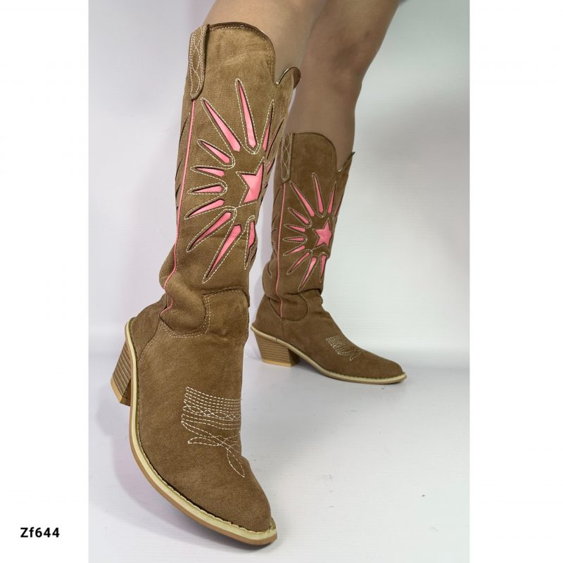 Bota texana café detalles rosa tacon 5cm  BOTA02   C-1