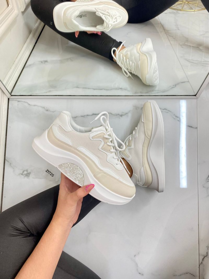 Tenis beige apliques brillantes suela 3cm  9239  C-66