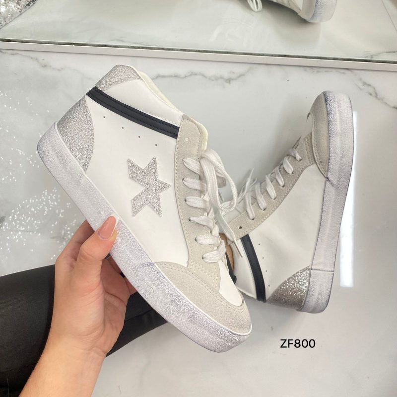 Tenis blanco aplique plateado brillante suela 2cm  1201  C-67