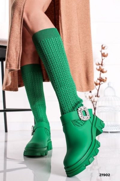 Bota caña alta verde aplique tacon 4cm  CLS-261  C-37