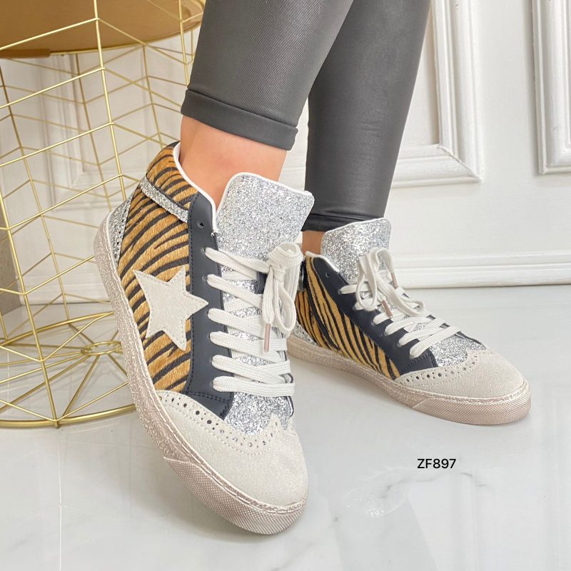 Tenis textura café apliques brillantes suela 2cm  FY0718-1  C-40