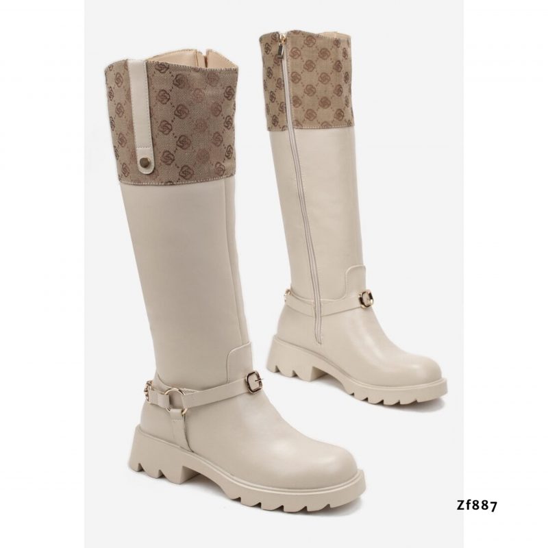 Bota caña alta beige detalles argollas doradas  suela 3cm  K6050  C-26