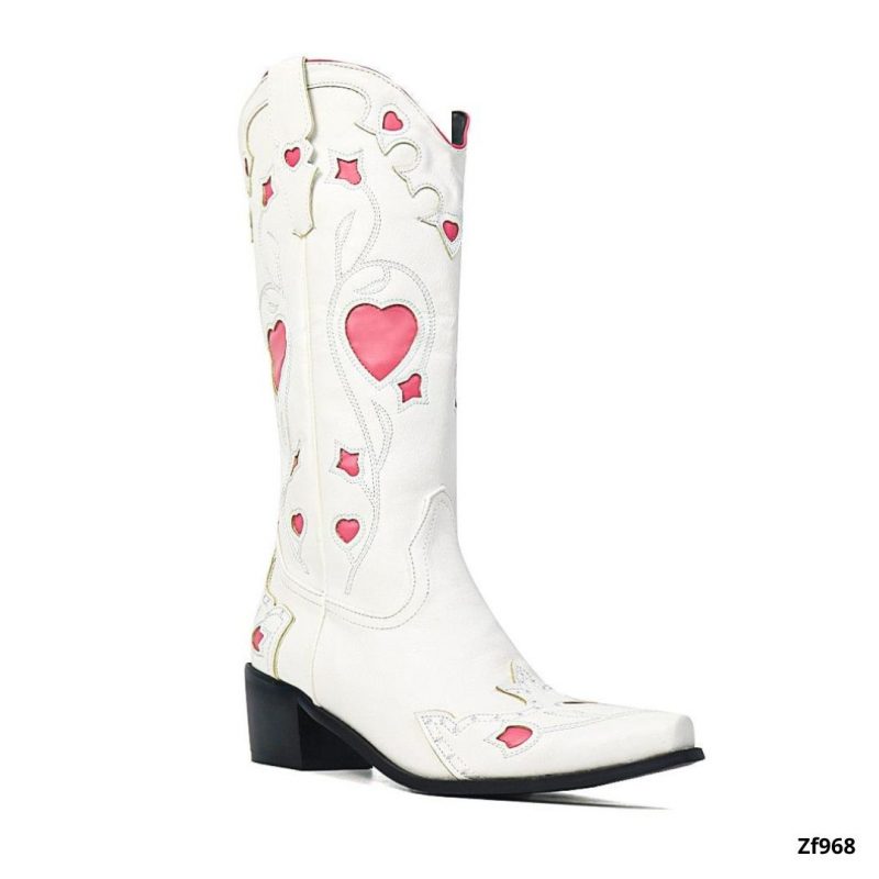 Bota caña alta texana blanca detalles rosa tacon 5cm  BOT004C  C-1