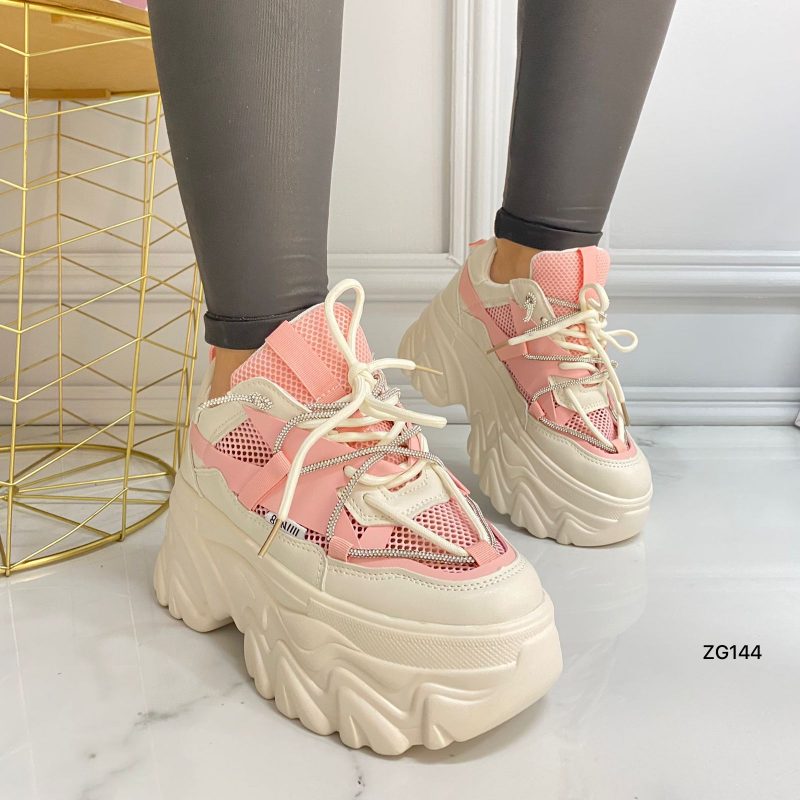 Tenis beige detalles rosado cordon apliques suela 6cm  X-19  C-2