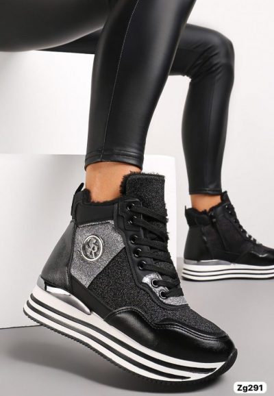 Tenis negro tipo botin detalles plateado suela 3cm FF-56 C-34