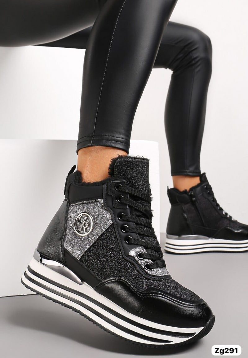 Tenis negro tipo botin detalles plateado suela 3cm  FF-56  C-34 - Image 2