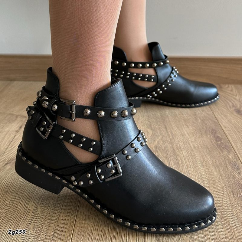 Botin negro apliques plateado correas tacon 3cm  6078  C-21