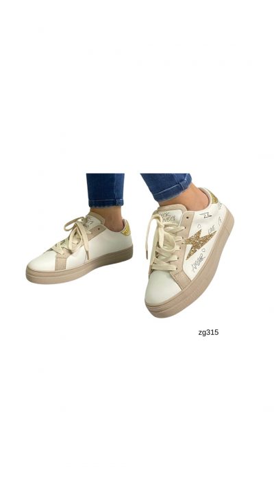 Tenis blanco detalle apliques dorado suela beige 3cm FY0810 C-37
