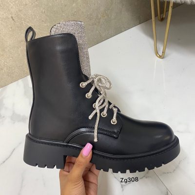 Botin negro detalle cordones plateado brillantes suela 4cm 9510A C-36