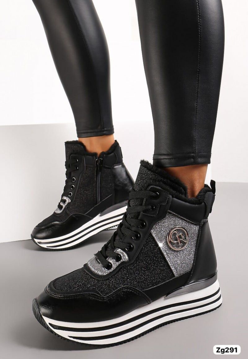 Tenis negro tipo botin detalles plateado suela 3cm  FF-56  C-34 - Image 3