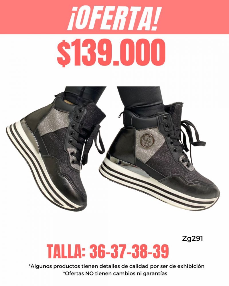 Tenis negro tipo botin detalles plateado suela 3cm  FF-56  C-34