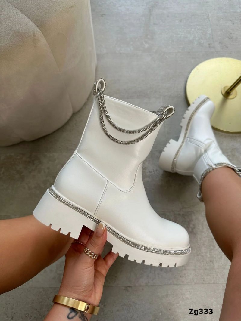 Botin blanco apliques plateado brillantes cordon suela 4cm  9538A  C-36