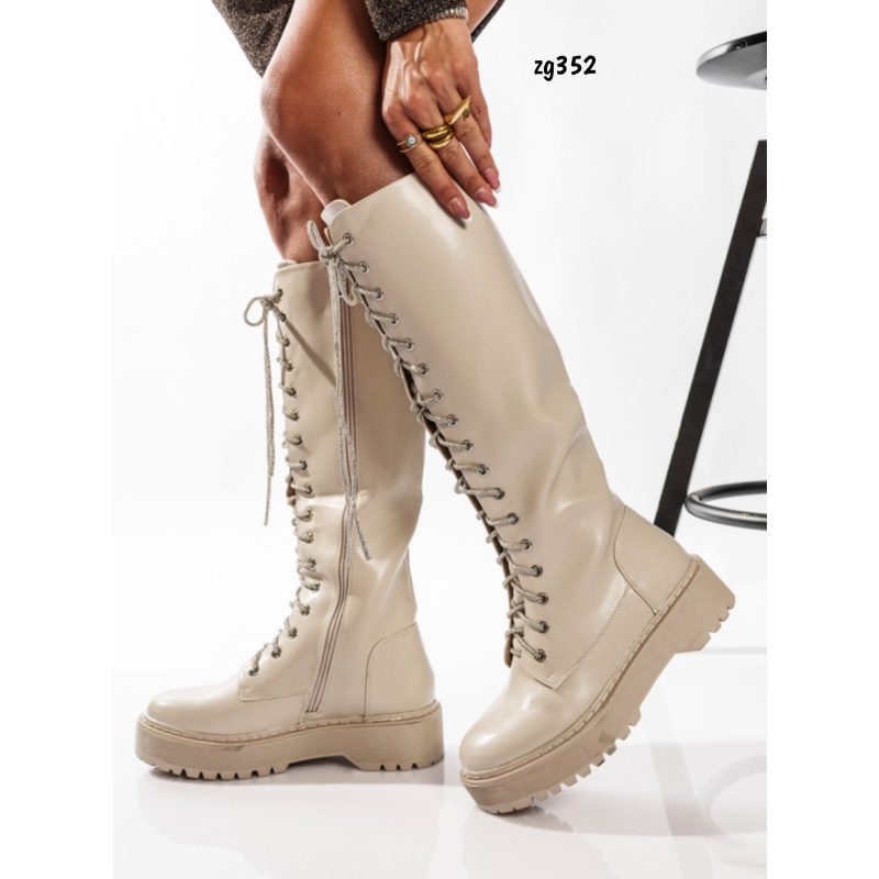 Bota caña alta beige cordones apliques brillantes suela 4cm  2023-N20  C-44 - Image 4