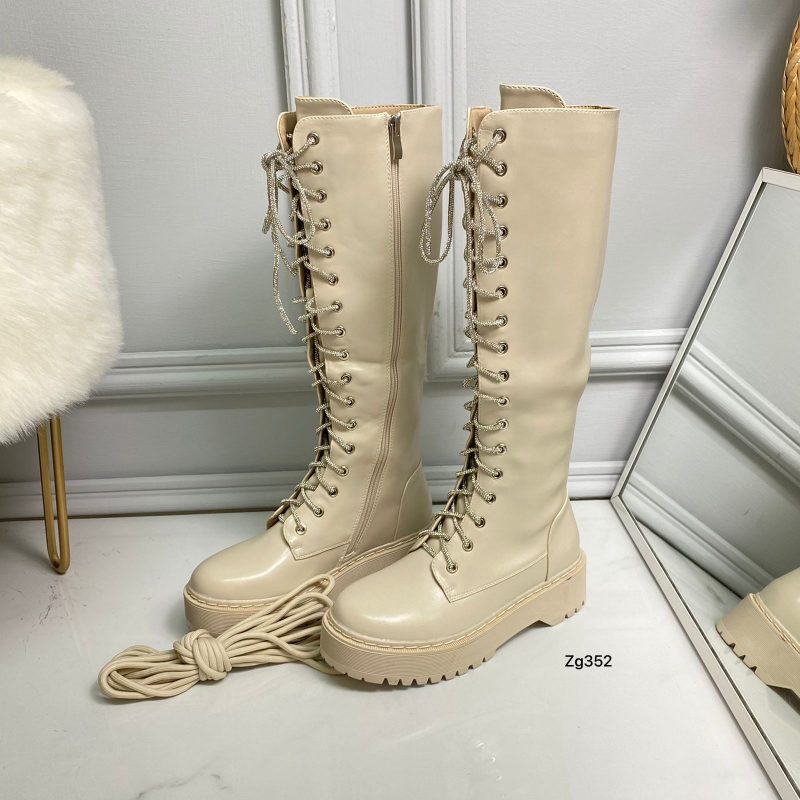 Bota caña alta beige cordones apliques brillantes suela 4cm  2023-N20  C-44 - Image 3