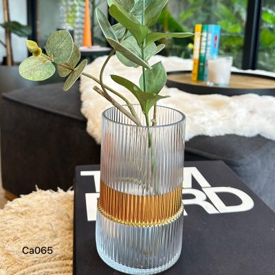 Florero de vidrio transparente detalle dorado  9.5cm* 17cm