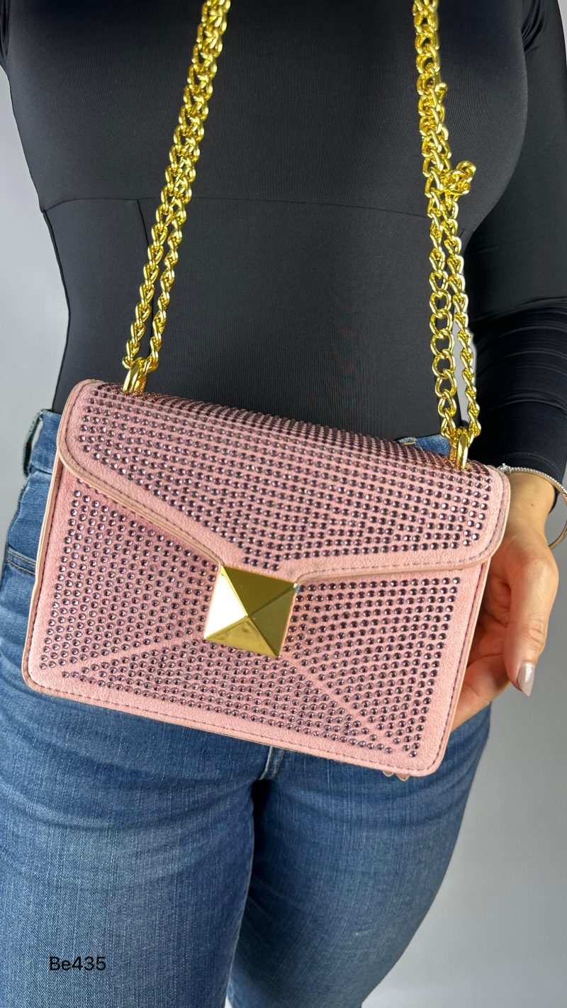 Bolso rosa apliques brillantes detalle cadena dorada 20cm* 17cm* 5cm  3038#  C-B